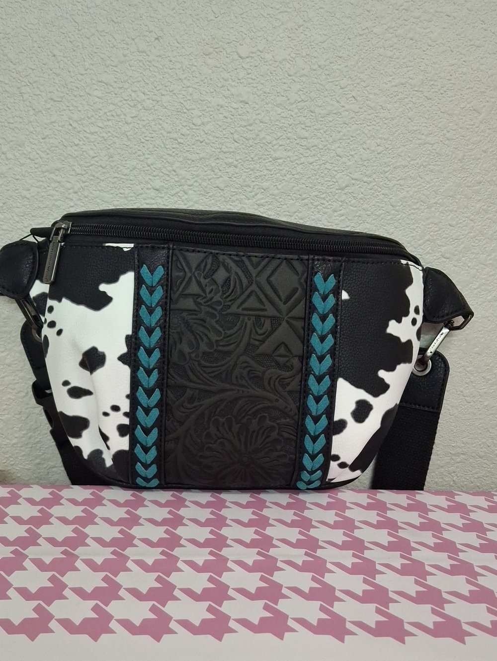Black & White Cowhide Crossbody Bag with Teal Accents MONTANA WEST